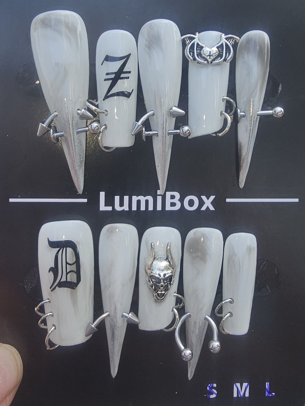LumiBox 3D Gothic Press On Nails White Marble Pierced Stiletto Alt Grunge Set Nw - Picture 2 of 8